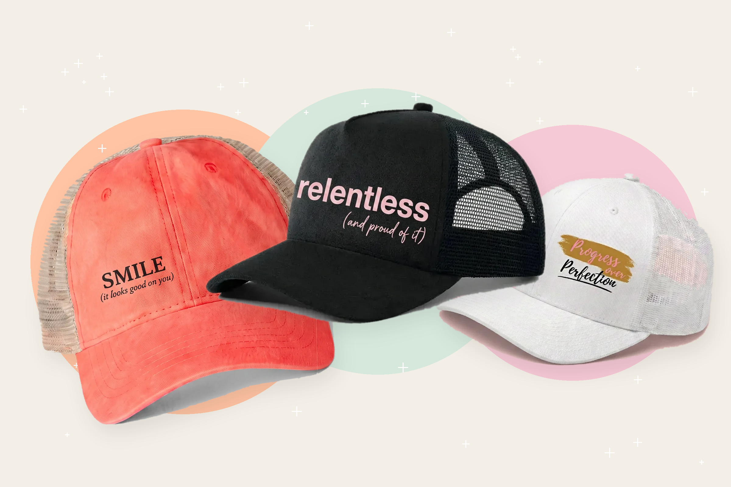 Three Infinite Inspo trucker hats: SMILE, relentless, and Progress over Perfection