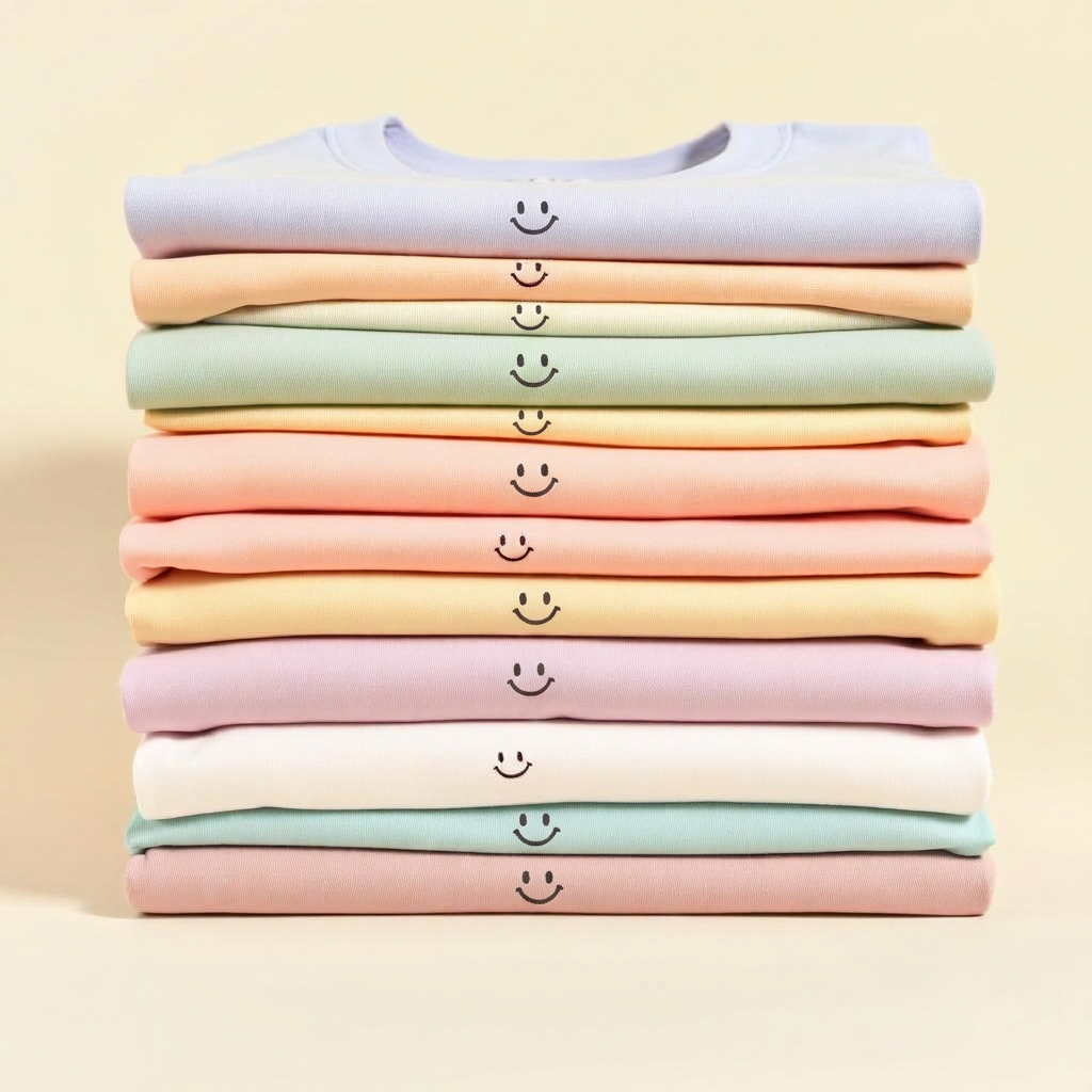 Stack of folded pastel t-shirts, each with a small hand-drawn smiley face